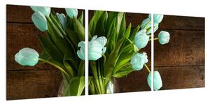 Obraz modrých tulipánů ve váze (90x30 cm)