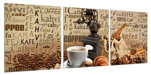 Obraz kávy, mlýnku a croissantů (90x30 cm)
