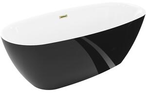Mexen Luvo Slim, volně stojící vana 170 × 75 cm, bílá-černá, zlatý lesklý přepad, 52801707575-50
