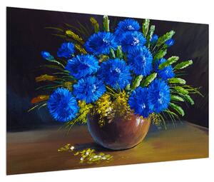 Obraz modrých květů ve váze (90x60 cm)
