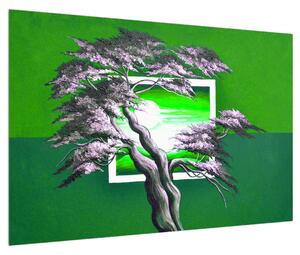 Zelený obraz stromu a východu slunce (90x60 cm)