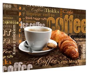 Obraz šálku kávy a croissantů (90x60 cm)