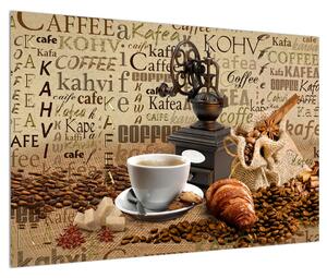 Obraz kávy, mlýnku a croissantů (90x60 cm)