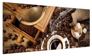 Obraz šálku kávy a kávových zrn (100x40 cm)