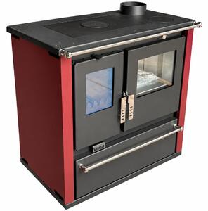 EEK A+ - Sporák na dřevo Verso CS Plus Inox Bordo 7,7 kW s troubou, varnou deskou a přihrádkou na dřevo