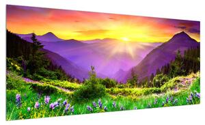 Obraz horské krajiny s východem slunce (100x40 cm)