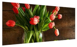 Obraz červených tulipánů ve váze (100x40 cm)