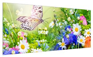 Obraz letních květů s motýlem (100x40 cm)