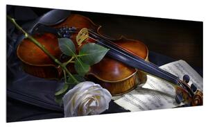 Obraz růže a houslí (100x40 cm)