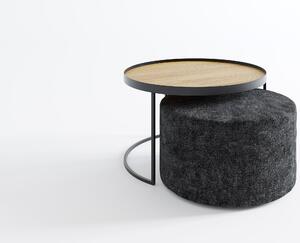 HOME22 Kávový konferenční stolek kulatý RINO Ø80cm + sedací box Materiál: dub, Barva podnoží: bílá, barva sedacího boxu: šedá