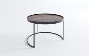 HOME22 Kávový konferenční stolek kulatý RINO Ø80cm + sedací box Materiál: dub, Barva podnoží: bílá, barva sedacího boxu: šedá