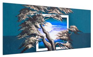 Modrý obraz stromu a východu slunce (100x40 cm)