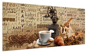Obraz kávy, mlýnku a croissantů (100x40 cm)