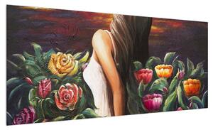 Obraz ženy a květin (100x40 cm)
