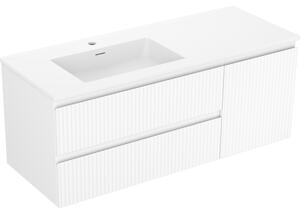Mexen Rivel, koupelnová skříňka 120 cm s levým umyvadlem Otis, 2S, 1D, drážkovaná, bílá matná, 91A23-12047-3-BBFFF01-W18L01