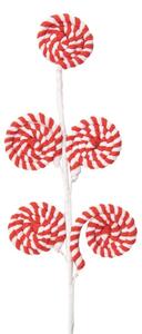 Červeno-bílá vánoční dekorace / zápich pět kulatých lízátek Candy Cane na tyčce – 57 cm