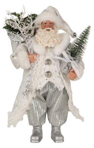Vánoční postavička Santa Claus ve stříbrném kabátě se stromečkem – 27 cm