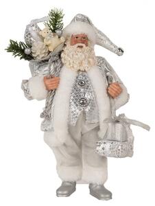 Vánoční postavička Santa Claus v bílém kabátu s medvídkem a dárky – 27 cm