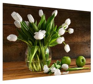 Obraz bílých tulipánů ve váze (100x70 cm)