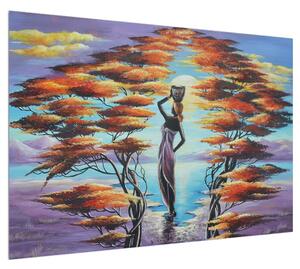 Orientální obraz ženy, stromů a slunce (100x70 cm)