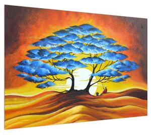 Orientální obraz modrého stromu a slunce (100x70 cm)