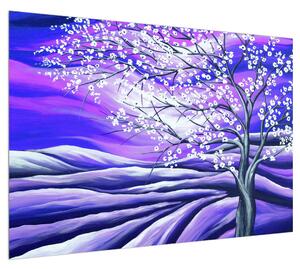 Fialový obraz rozkvetlého stromu (100x70 cm)