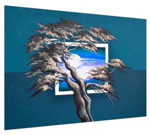 Modrý obraz stromu a východu slunce (100x70 cm)