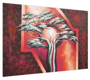 Orientální červený obraz stromu a slunce (100x70 cm)