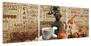 Obraz kávy, mlýnku a croissantů (120x40 cm)