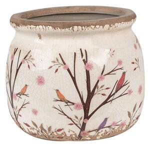 Béžový keramický obal na květináč s keři, šípky a ptáčky Satin – 16x13 cm