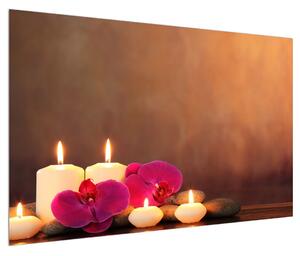 Relaxační obraz svíček s orchidejí (120x80 cm)
