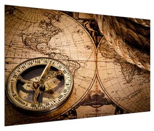 Historický obraz mapy světa a kompasu (120x80 cm)