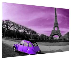 Obraz Eiffelovy věže a fialového auta (120x80 cm)