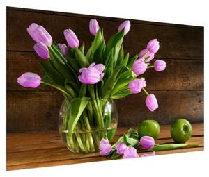Obraz fialových tulipánů ve váze (120x80 cm)