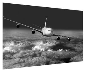 Černobílý obraz letadla v oblacích (120x80 cm)