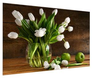 Obraz bílých tulipánů ve váze (120x80 cm)