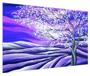 Fialový obraz rozkvetlého stromu (120x80 cm)