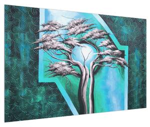Orientální modrý obraz stromu a slunce (120x80 cm)