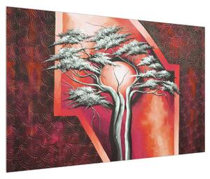 Orientální červený obraz stromu a slunce (120x80 cm)