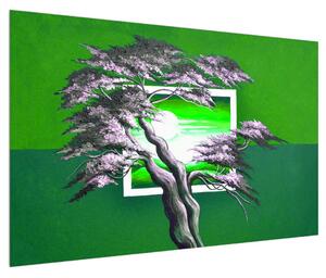 Zelený obraz stromu a východu slunce (120x80 cm)