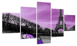 Obraz Eiffelovy věže a fialového auta (125x70 cm)