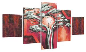 Orientální červený obraz stromu a slunce (125x70 cm)