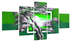 Zelený obraz stromu a východu slunce (125x70 cm)