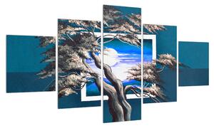 Modrý obraz stromu a východu slunce (125x70 cm)