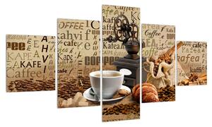 Obraz kávy, mlýnku a croissantů (125x70 cm)