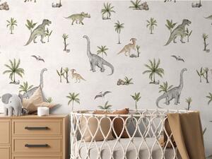 Tapeta dinosauři - Dashing Dinos White | Fugu Materiál: Digitální eko vlies - klasická tapeta nesamolepicí