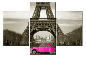 Obraz Eiffelovy věže a růžového auta (90x60 cm)