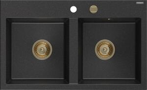 Mexen Hektor, 2-komorový granitový dřez 800x480x205 mm, černá-stříbrná metalíza, zlatý sifon, 6521802000-73-G