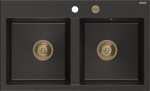 Mexen Hektor, 2-komorový granitový dřez 800x480x205 mm, černá-zlatá metalíza, zlatý sifon, 6521802000-75-G