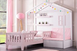 Růžová postel s lavicí Montessori, 90X190